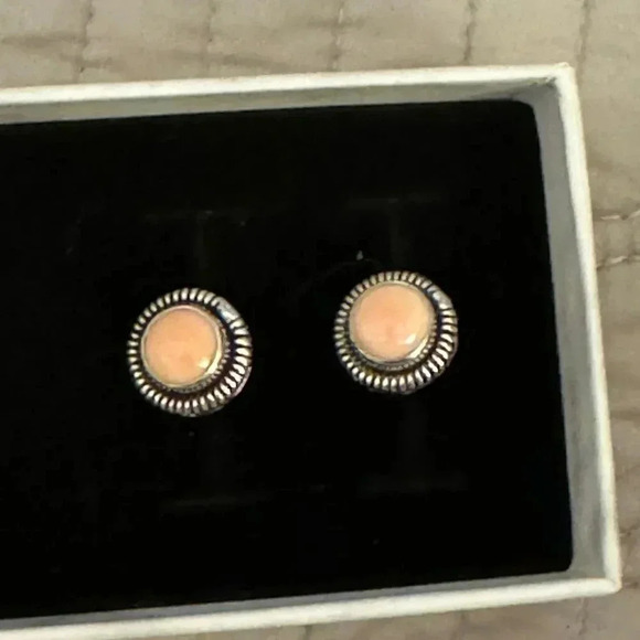 Light Pink Stone Halo Sterling Silver .925 Stamped Round Earrings - Picture 2 of 3